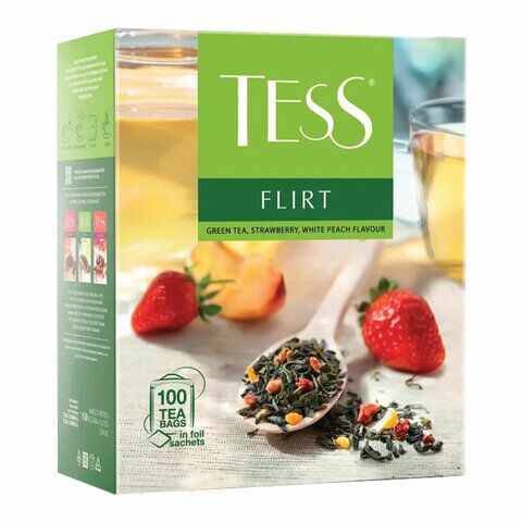Чай TESS Flirt  зеленый с клубникой и персиком, 100 пакетиков по 1,5 г
