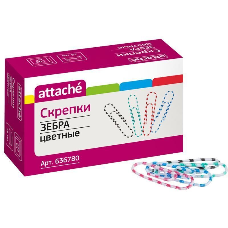 Скрепки Зебра Attache, полимер, 28 мм., 100 шт.в карт/уп