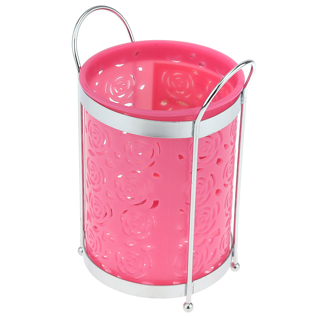 Подставка хромированная для столовых приборов "Розы" 12,7х10,5х17,5см, на ножках, пластмассовая вставка д10,5см h13,5см, цвета в ассортименте: белый, розовый, салатовый (Китай)