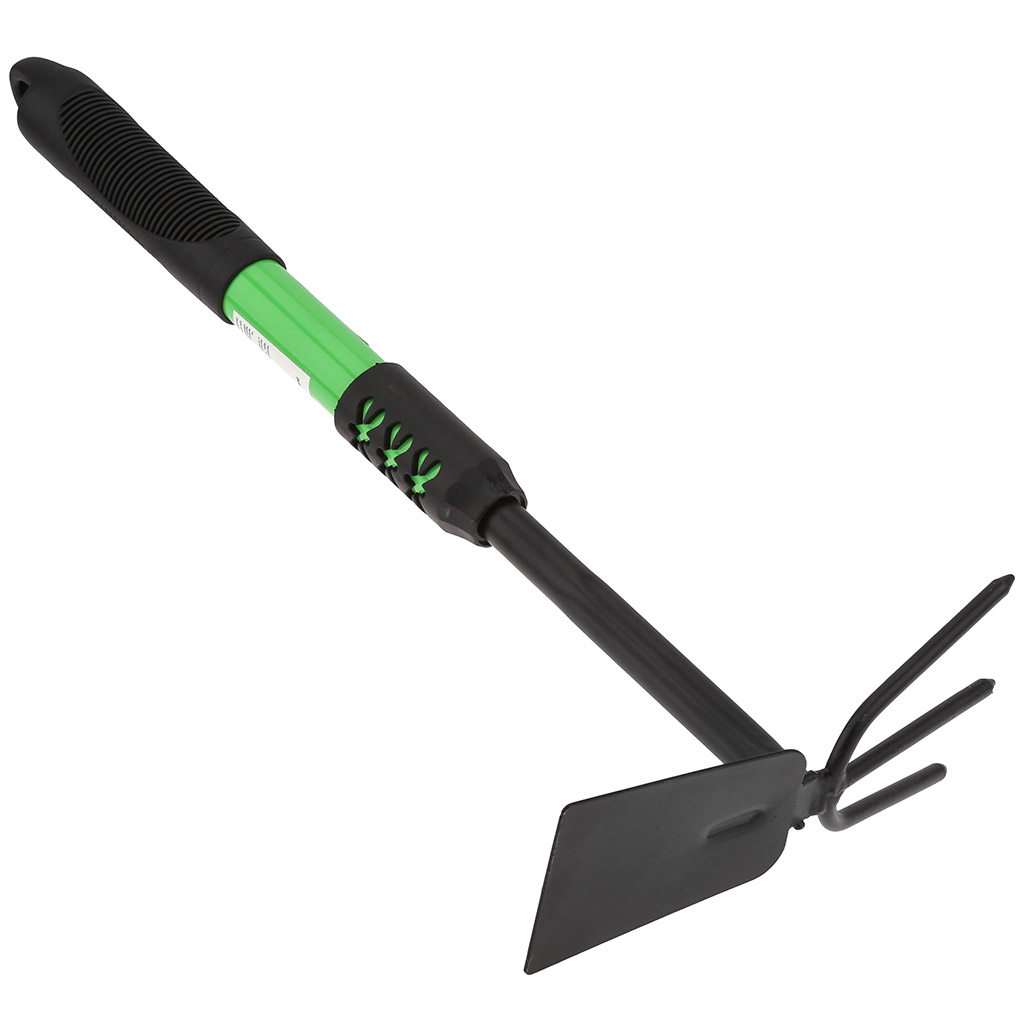 Мотыга-рыхлитель 3 зубца, прямая, 40х18,5х8см, сталь А3, окрашенная, цвет - черный матовый, цветная металлическая, прорезиненная ручка, с отверстием для подвешивания, цвет - зеленый (Китай) "Чибис"