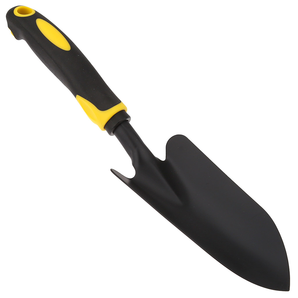 Совок посадочный "Иволга", садовый 32,5х8х3,5см, широкий, сталь А3, окрашенная, цвет - черный матовый, эргономичная прорезиненная ручка с отверстием для подвешивания, цвет - черно-желтый (Китай)