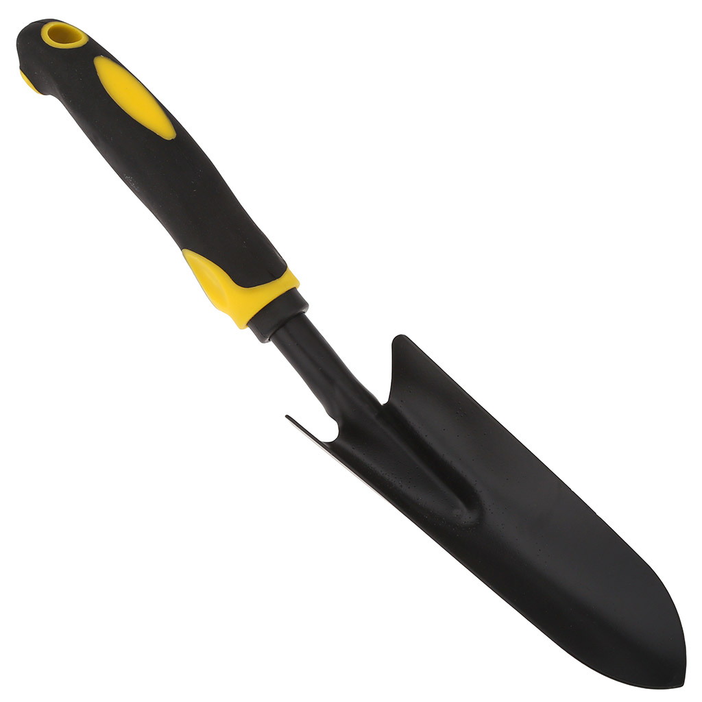 Совок посадочный "Иволга", садовый 32х5,7х3,5см, сталь А3, окрашенная, цвет - черный матовый, эргономичная прорезиненная ручка с отверстием для подвешивания, цвет - черно-желтый (Китай)