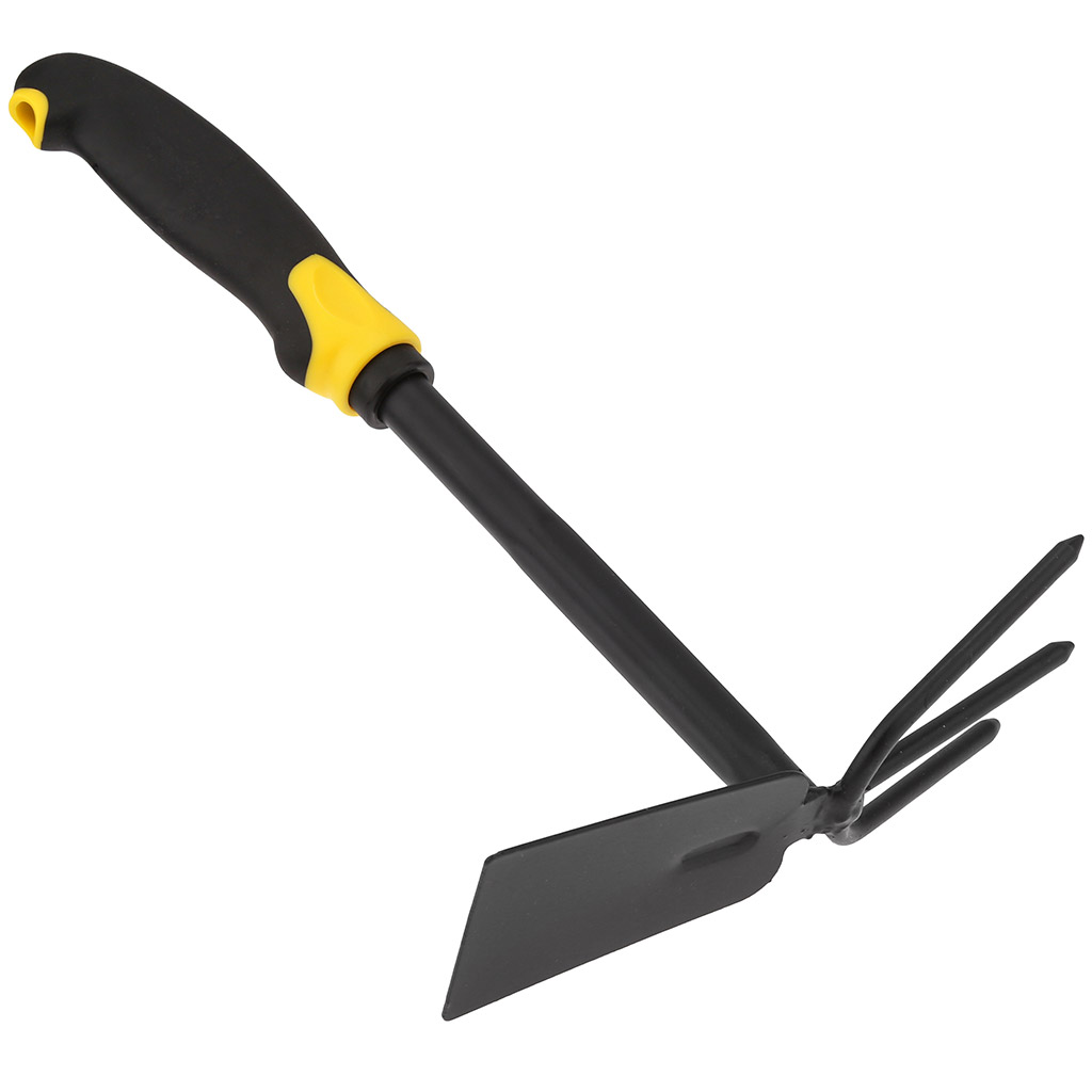 Мотыга-рыхлитель 3 зубца, прямая, 30х18х8см, сталь А3, окрашенная, цвет - черный матовый, эргономичная прорезиненная ручка с отверстием для подвешивания, цвет - черно-желтый (Китай) "Иволга"