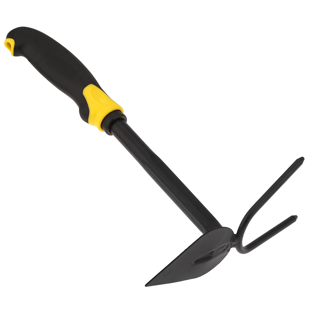 Мотыга-рыхлитель 2 зубца, лепестковая, 29х17х7,5см, сталь А3, окрашенная, цвет - черный матовый, эргономичная прорезиненная ручка с отверстием для подвешивания, цвет - черно-желтый (Китай) "Иволга"