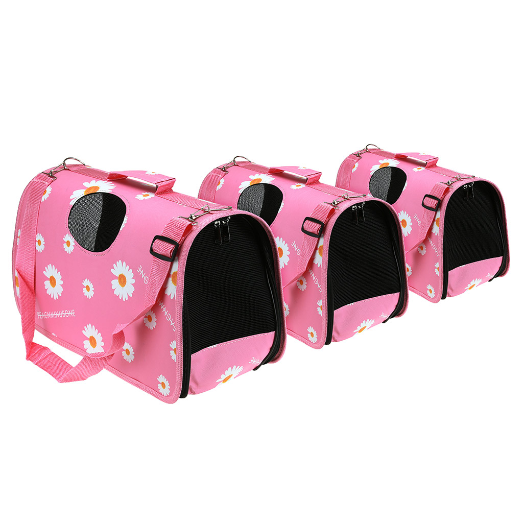 Сумка-переноска для кошек и собак набор 3шт: 52х22х29см, 44х21х26см, 37х18х23см, ткань с пропиткой, пластмасса, на молнии, с ремешком, складная "Ромашки" розовый (Китай)