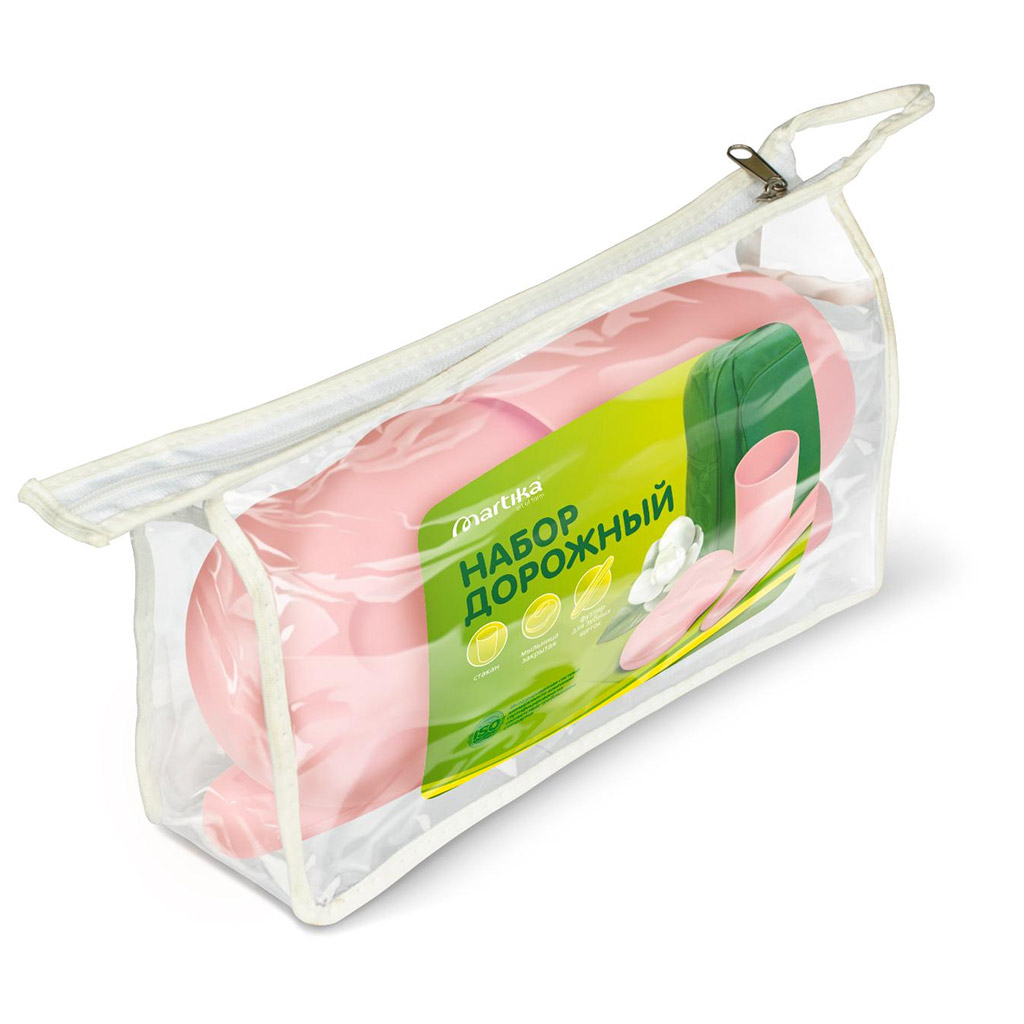 Набор дорожный 3 предмета: стакан, мыльница, футляр для зубной щетки, в косметичке, пластмассовый, розовый (Россия)
