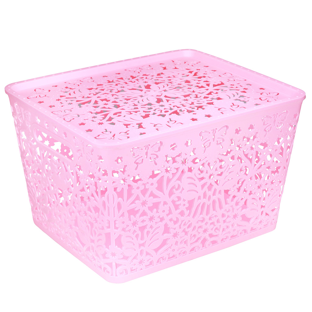 Корзина-ящик пластмассовая для хранения "Бабочки" 35,5х29,5см h22см, матовый пластик, с крышкой, с ручками, розовый (Китай) "Домашняя мода"