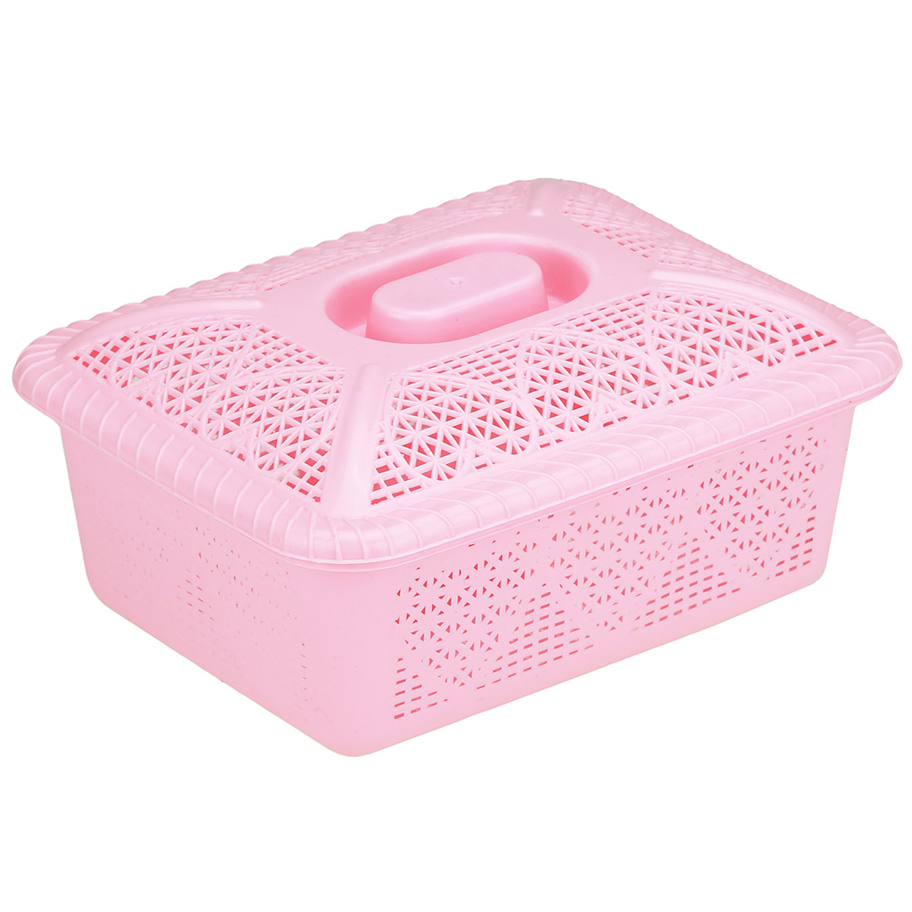 Корзина пластмассовая для хранения "Сердце" 19,3х15см h7,3см, с крышкой, розовый (Китай) "Домашняя мода"