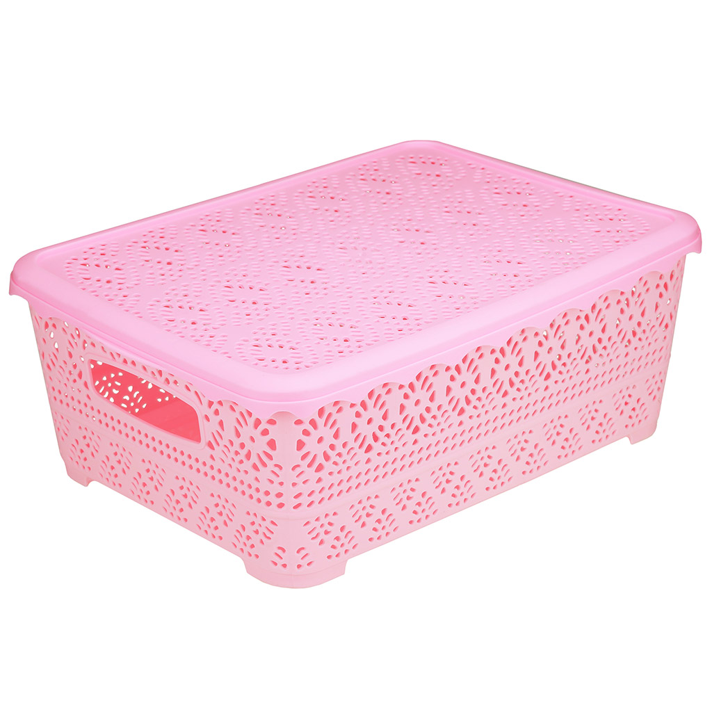 Корзина-ящик пластмассовая для хранения "Вышивка" 34х25,5см h12,4см, матовый пластик, с крышкой, с ручками, розовый (Китай) "Домашняя мода"