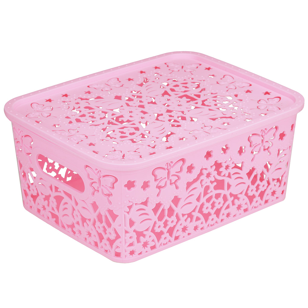 Корзина-ящик пластмассовая для хранения "Бабочки" 25х19,5см h10,2см, матовый пластик, с крышкой, с ручками, розовый (Китай) "Домашняя мода"
