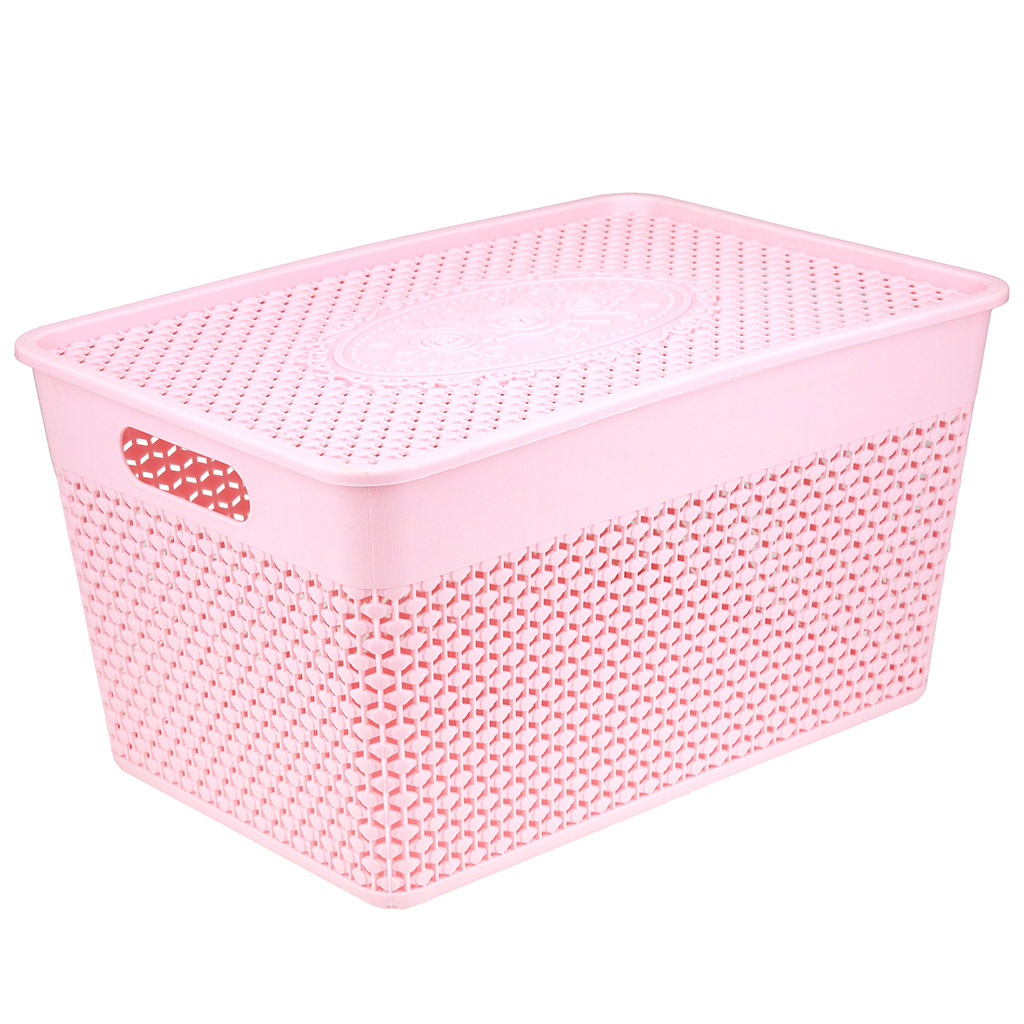 Корзина-ящик пластмассовая для хранения "Оренбургская сеточка" 33,5х23см h18см, матовый пластик, крышка с декором, с ручками, розовый (Китай) "Домашняя мода"