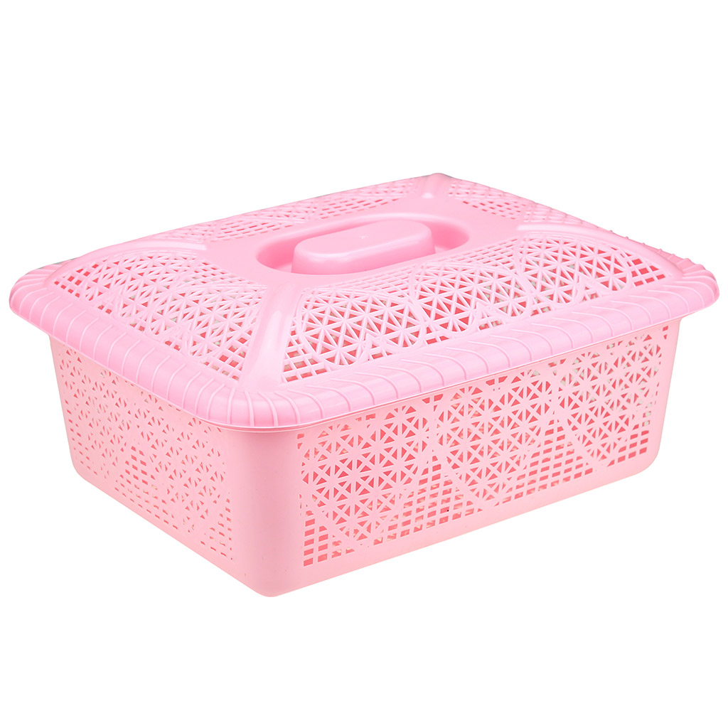 Корзина-ящик пластмассовая для хранения "Сердце" 35х27,5см h13см, с крышкой, розовый (Китай) "Домашняя мода"
