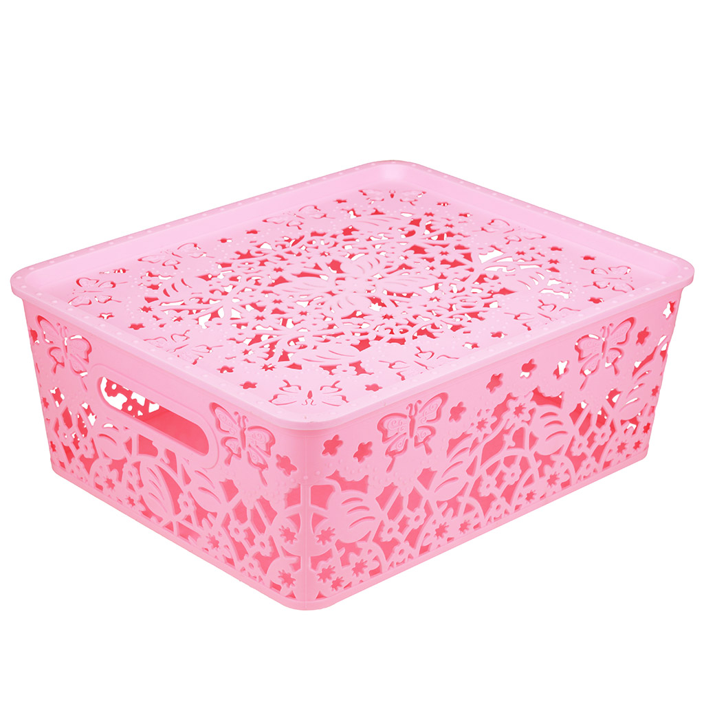 Корзина-ящик пластмассовая для хранения "Бабочки" 35х29см h13,3см, матовый пластик, с крышкой, с ручками, розовый (Китай) "Домашняя мода"