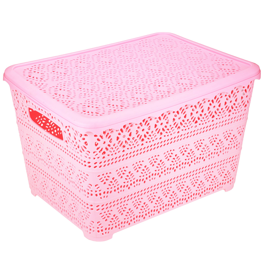 Корзина-ящик пластмассовая для хранения "Вышивка" 33,5х26см h20,8см, матовый пластик, с крышкой, с ручками, розовый (Китай) "Домашняя мода"