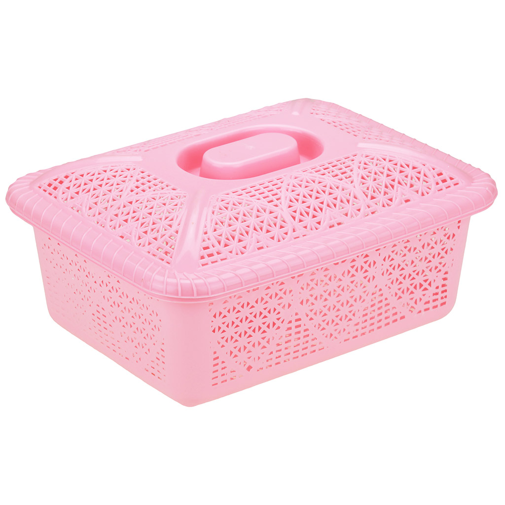 Корзина-ящик пластмассовая для хранения "Сердце" 24х19см h9см, с крышкой, розовый (Китай) "Домашняя мода"