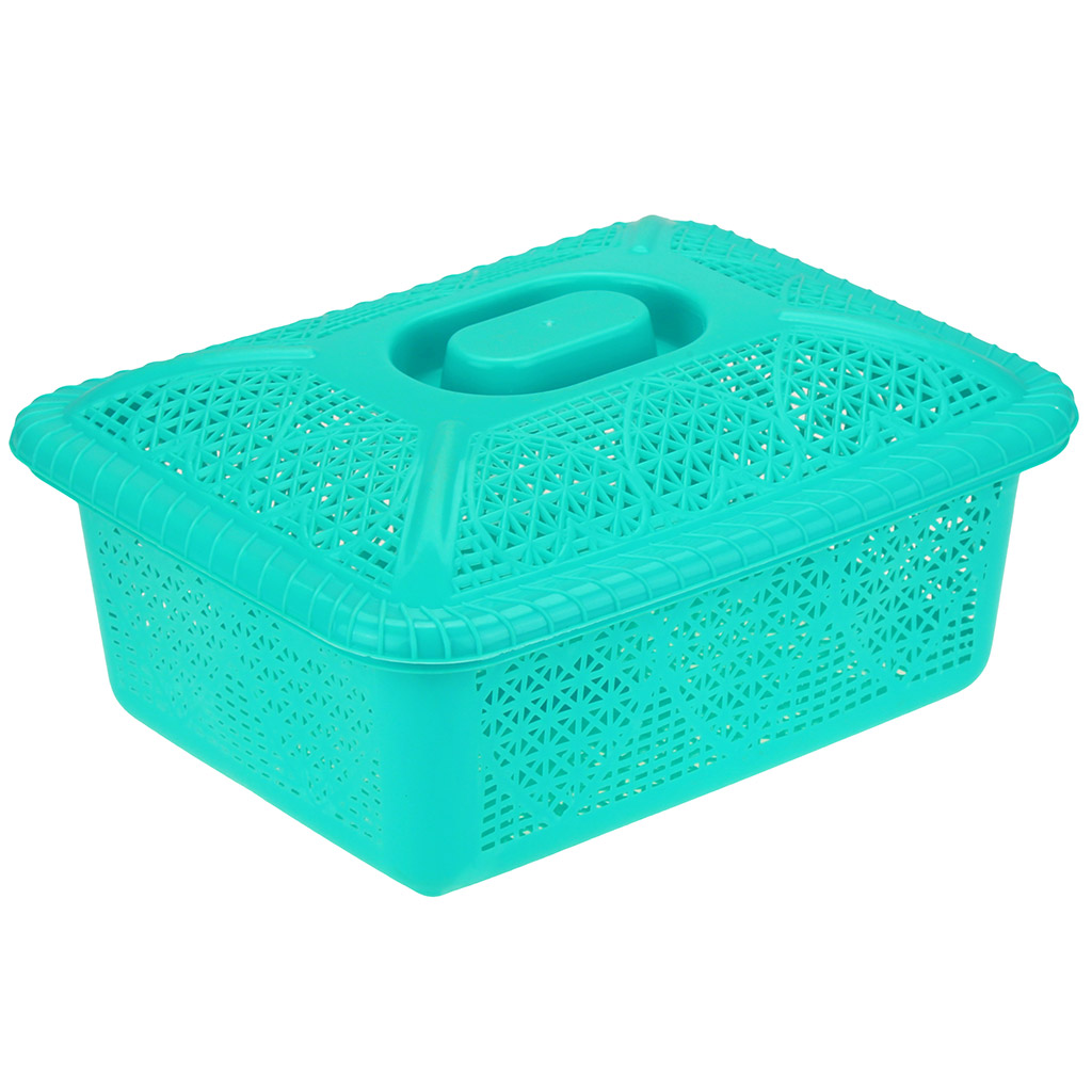 Корзина-ящик пластмассовая для хранения "Сердце" 24х19см h9см, с крышкой, бирюзовый (Китай) "Домашняя мода"