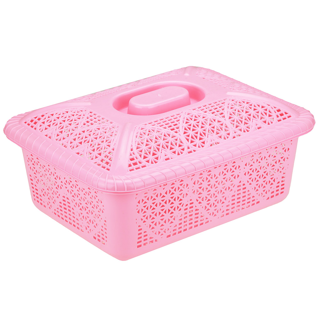 Корзина-ящик пластмассовая для хранения "Сердце" 29х22,5см h10,8см, с крышкой, розовый (Китай) "Домашняя мода"