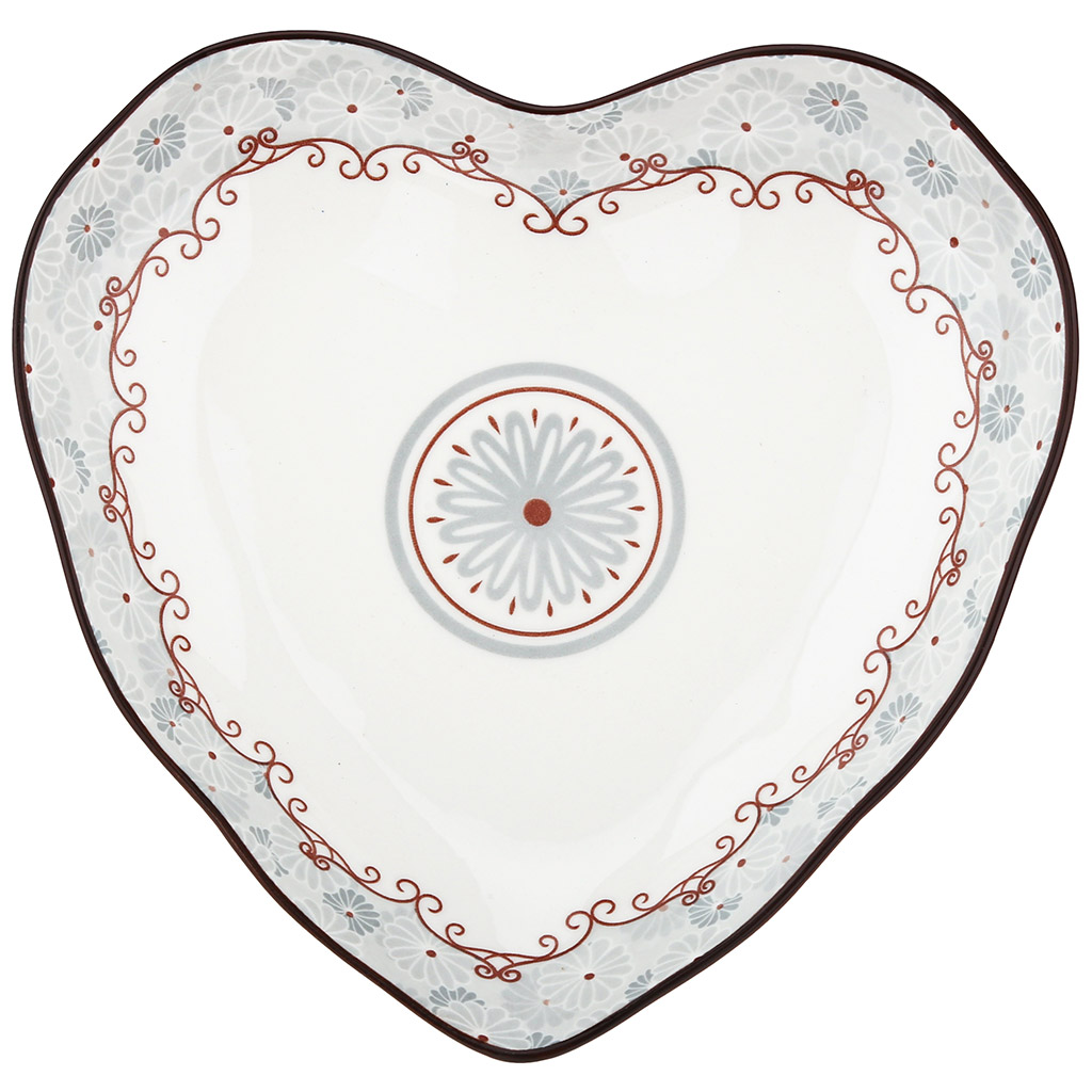 Блюдо "Классика" фарфоровое 210х205х37мм, форма "сердце" с деколью, волнистый край, отводка (Китай)