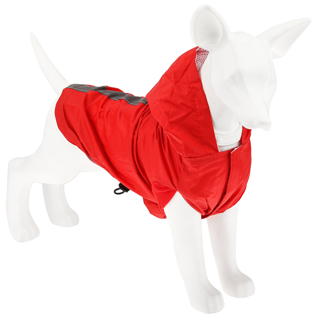Одежда для собаки Pet toys "Плащ" с капюшоном, на липучке, светоотражающая полоска, р-р S, длина спинки 22см/обхват груди 40см/обхват шеи 28см, цвет-красный, плащевка (Китай)