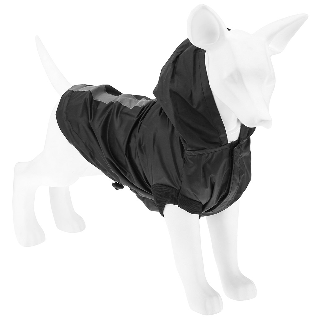 Одежда для собаки Pet toys "Плащ" с капюшоном, на липучке, светоотражающая полоска, р-р XL, длина спинки 34см/обхват груди 52см/обхват шеи 38см, цвет-черный, плащевка (Китай)