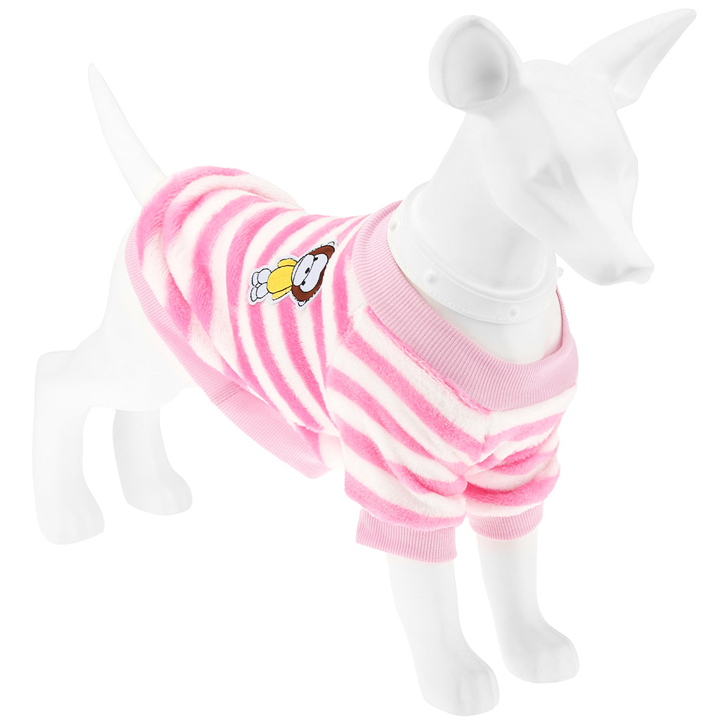 Одежда для собаки Pet toys "Толстовка на меху" "Полосатик" с принтом, р-р S, длина спинки 24см/обхват груди 30см/обхват шеи 22см, цвет-розово-белый, искусственный мех (100% полиэстер) (Китай)