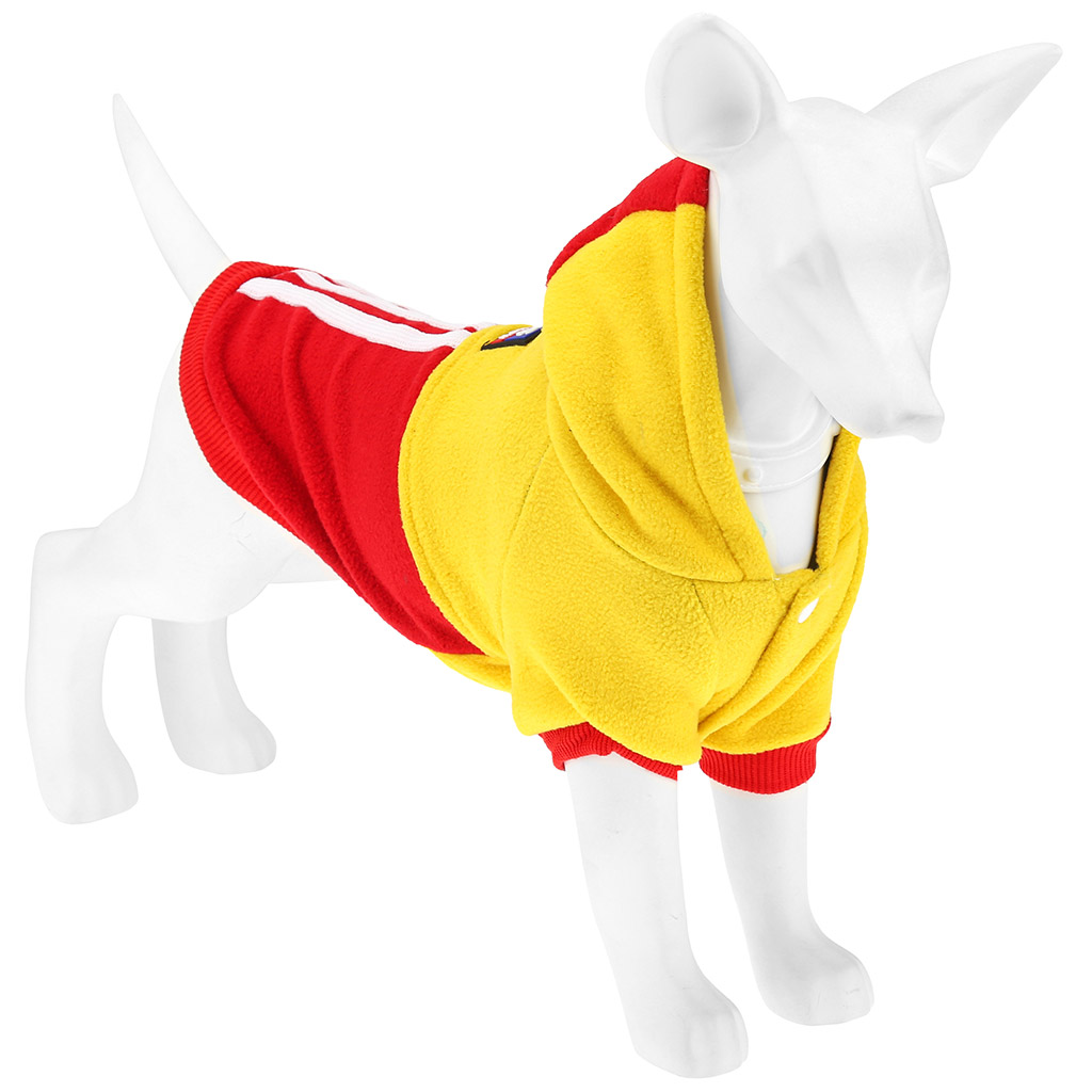 Одежда для собаки Pet toys "Толстовка" "DOG" с капюшоном, с принтом, на кнопках р-р M, длина спинки 24см/обхват груди 36см/обхват шеи 28см, цвет-желто-красный, флис (Китай)