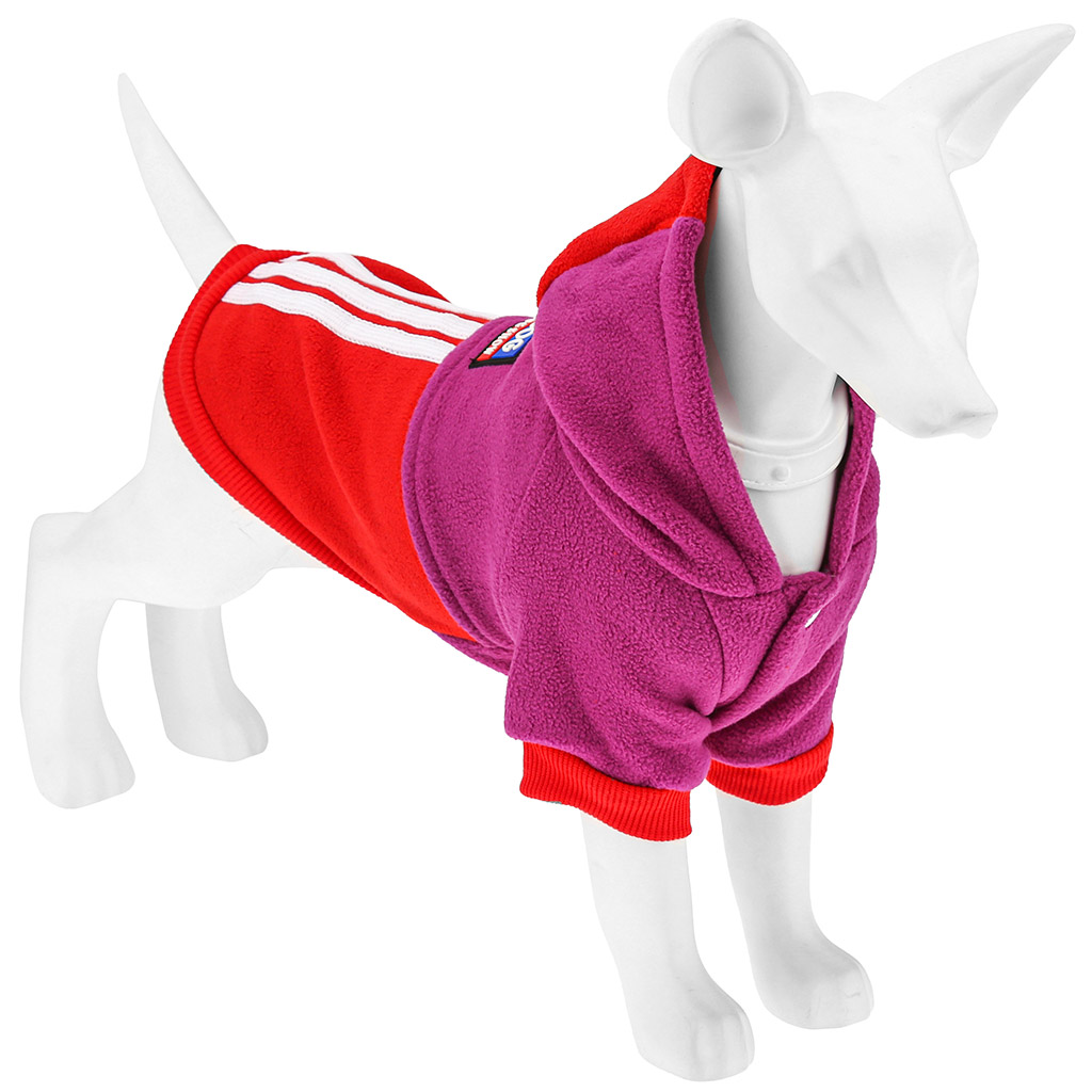 Одежда для собаки Pet toys "Толстовка" "DOG" с капюшоном, с принтом, на кнопках р-р L, длина спинки 30см/обхват груди 40см/обхват шеи 32см, цвет-сиренево-красный, флис (Китай)