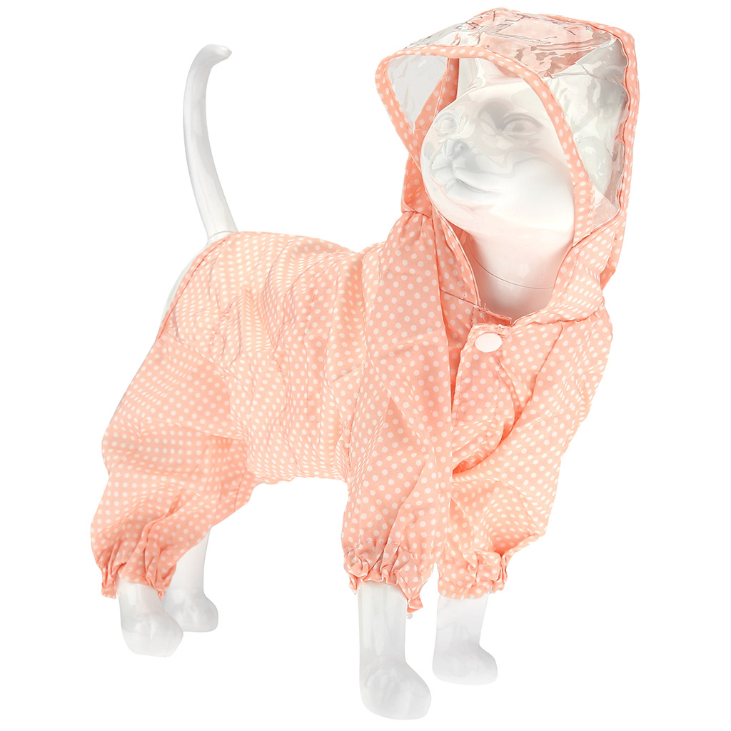 Одежда для собаки Pet toys "Комбинезон" "Горошек" с капюшоном, прозрачный ПВХ козырек, на кнопках р-р S, длина спинки 22см/обхват груди 34см/обхват шеи 28см, цвет-персиковый, плащевка (Китай)