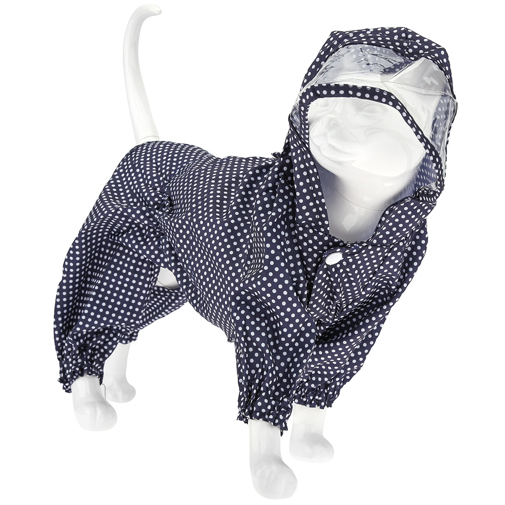 Одежда для собаки Pet toys "Комбинезон" "Горошек" с капюшоном, прозрачный ПВХ козырек, на кнопках р-р XL, длина спинки 36см/обхват груди 50см/обхват шеи 38см, цвет-темно-синий, плащевка (Китай)