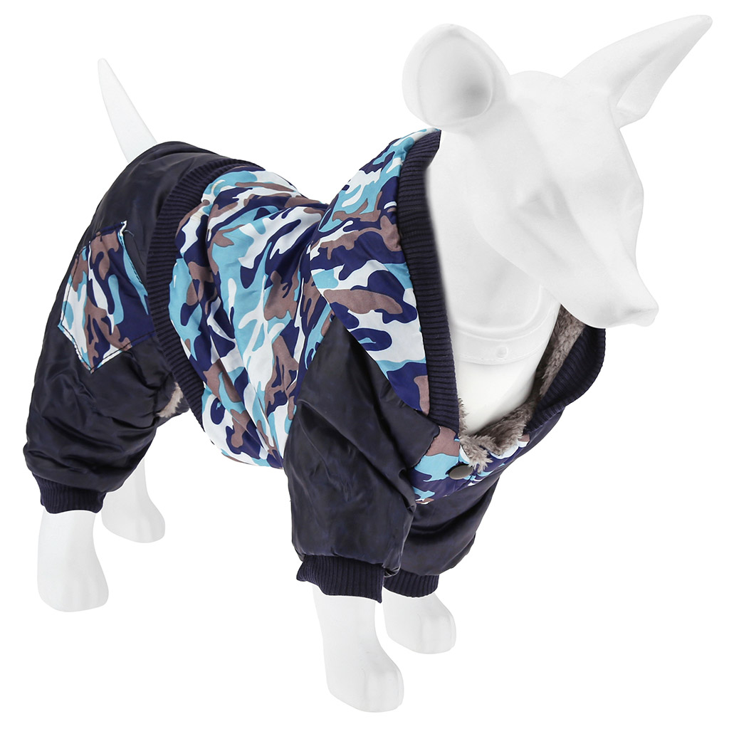 Одежда для собаки Pet toys "Комбинезон на меху" с капюшоном, на кнопках, 2 кармана, р-р S, длина спинки 26см/обхват груди 28см/обхват шеи 26см, цвет-милитари синий, плащевка/синтепон/искусственный мех (100% полиэстер) (Китай)