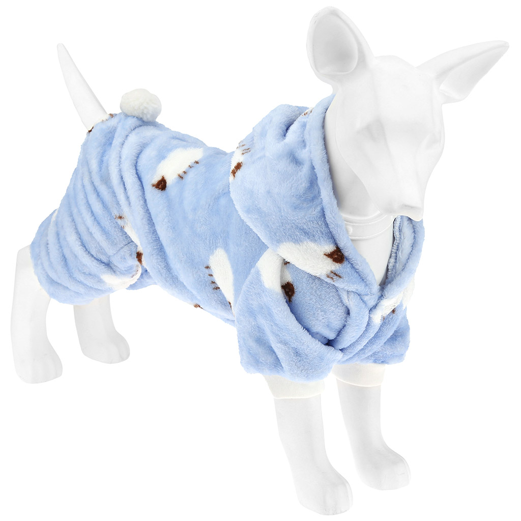 Одежда для собаки Pet toys "Комбинезон" "Овечка" с капюшоном, с хвостиком, на кнопках, р-р M, длина спинки 24см/обхват груди 38см/обхват шеи 30см, цвет-голубой, плюш (100% полиэстер) (Китай)