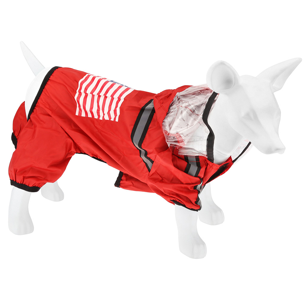 Одежда для собаки Pet toys "Комбинезон" "The dog face" прозрачный ПВХ капюшон, с принтом, на липучке, светоотражающие полоски, р-р S, длина спинки 24см/обхват груди 46см/обхват шеи 32см, цвет-красный, плащевка (Китай)