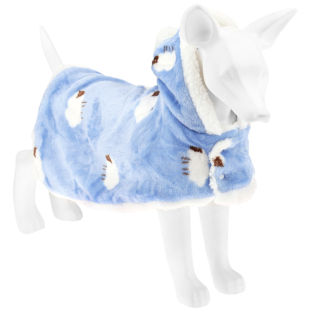 Одежда для собаки Pet toys "Накидка на меху" "Овечка" с капюшоном, с помпоном, на кнопках, р-р S, длина спинки 29см/обхват шеи 28-32см, цвет-голубой, флис/искусственный мех (100% полиэстер) (Китай)