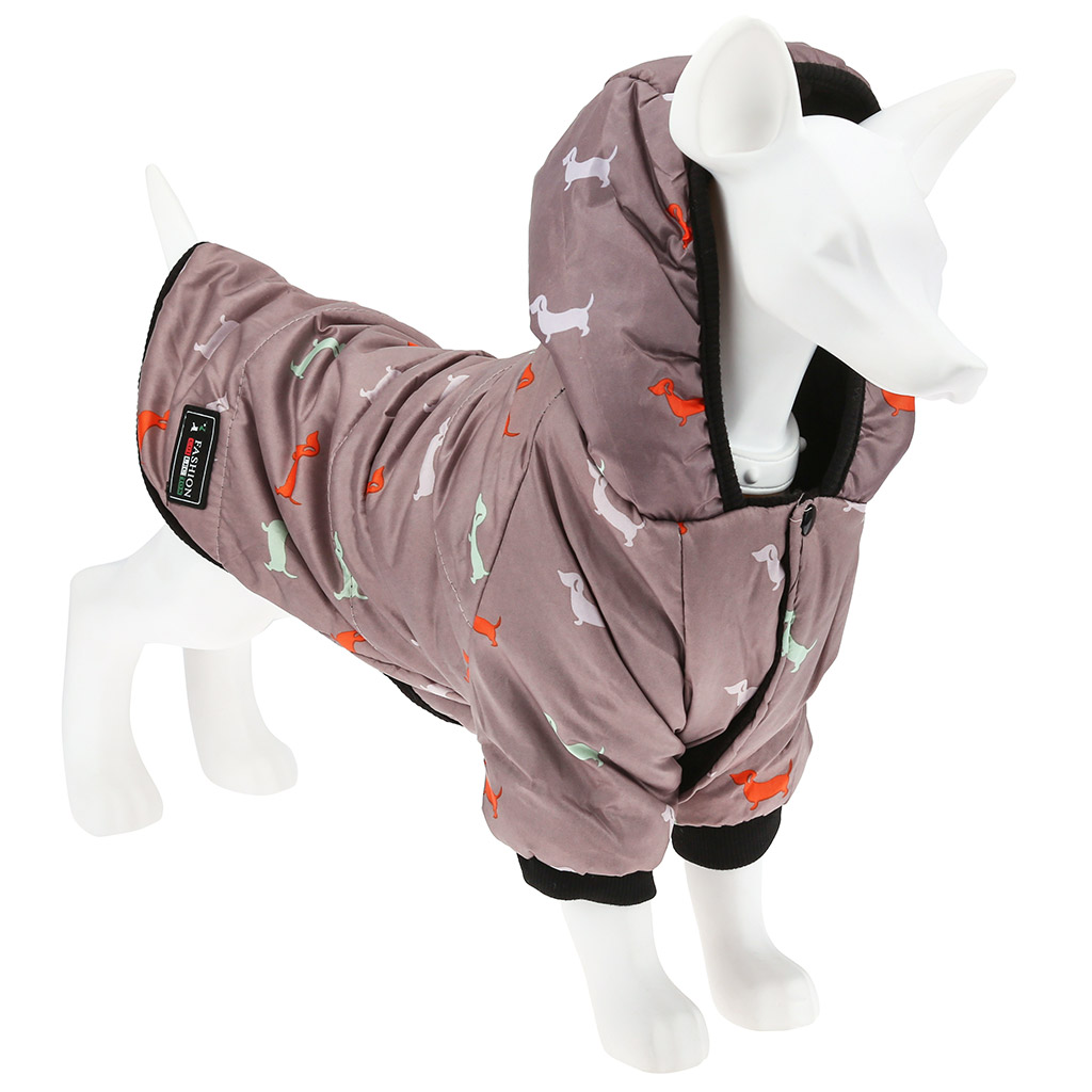 Одежда для собаки Pet toys "Куртка" с капюшоном, с метал. кольцом, с принтом, на кнопках, р-р M, длина спинки 24см/обхват груди 34см/обхват шеи 28см, цвет-темно-бежевый, плащевка/синтепон/флис (100% полиэстер) (Китай)