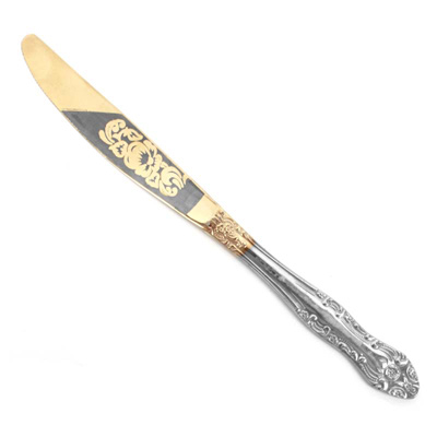 Нож столовый из нержавеющей стали 21,5см, художественная роспись, с золотом (Россия) "Тройка"