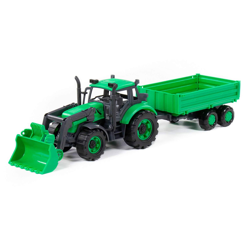 Игрушка "Трактор "Прогресс" с бортовым прицепом и ковшом" 45,5x11x13см, инерционный, пластик, зеленый, на лотке, в сетке (Турция)