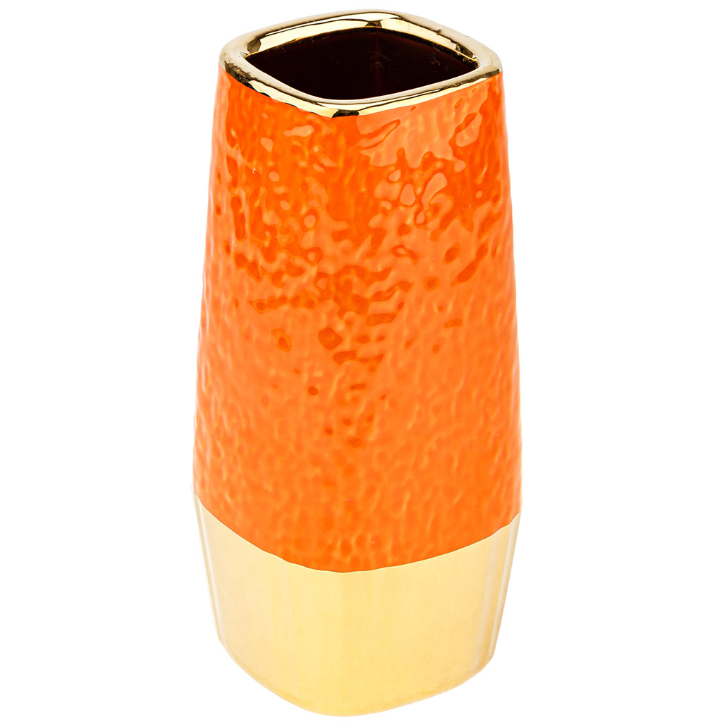 Ваза керамическая "Вираж" 1,1л, 10,5х10,5см h21см, тонкокаменная керамика, горло - 7,5х7,5см, глянцевая глазурь, цвет - оранжевый, с золотом (Китай)