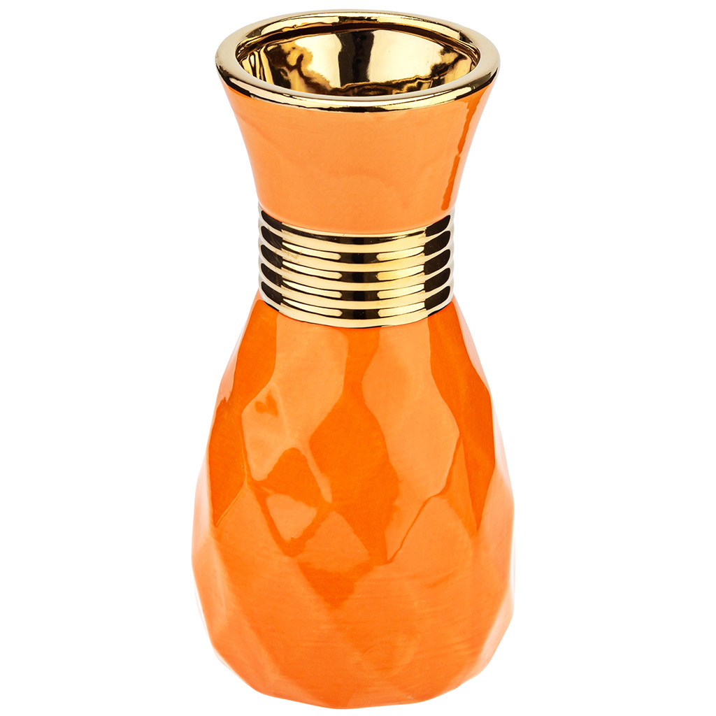 Ваза керамическая "Лира" 1,45л, д12,5см h24,5см, тонкокаменная керамика, д/горла - 10см, глянцевая глазурь, цвет - оранжевый, с золотом (Китай)