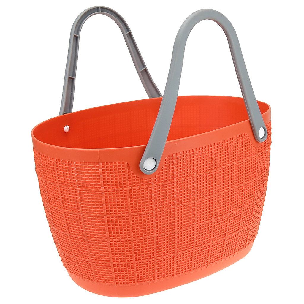 Корзина-сумка пластмассовая "Лен" 36х24,5см h22см, мягкая, оранжевый, с длинными, силиконовыми серыми ручками (h с ручками 37см) (Китай)