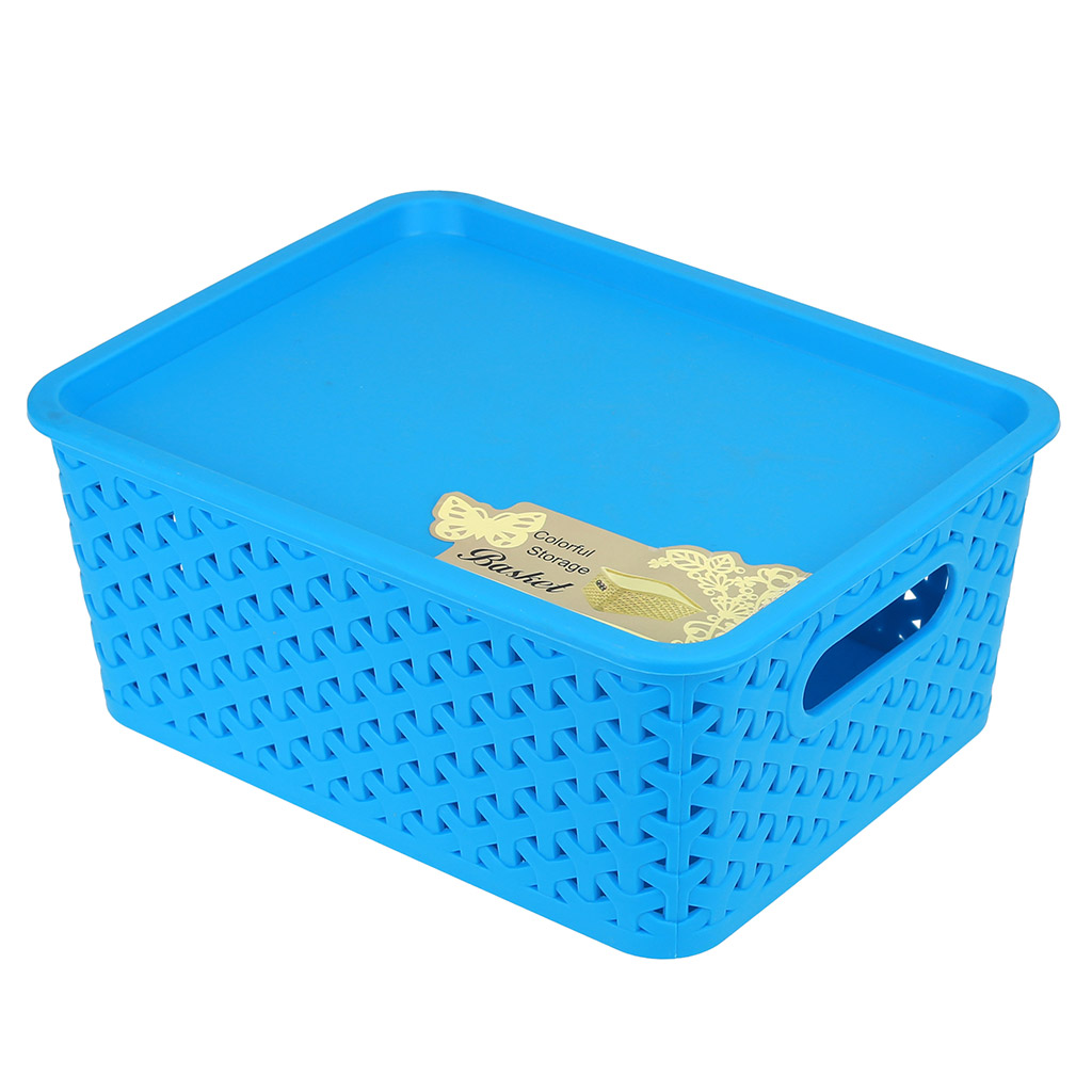 Корзина пластмассовая для хранения "Вираж" 24,5х18,5см h10,5см, матовый пластик, с крышкой, с ручками, голубой (Китай)