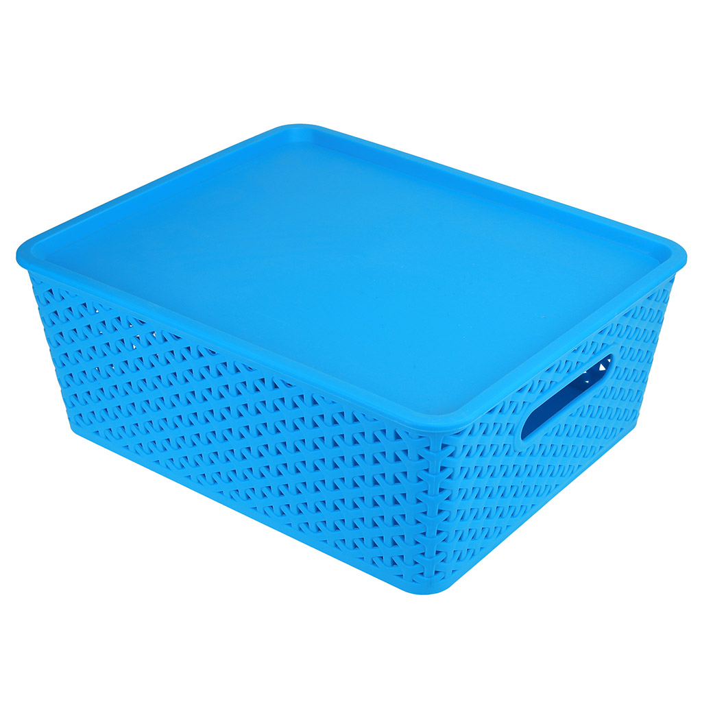 Корзина пластмассовая для хранения "Вираж" 34,5х28,5см h13,5см, матовый пластик, с крышкой, с ручками, голубой (Китай)