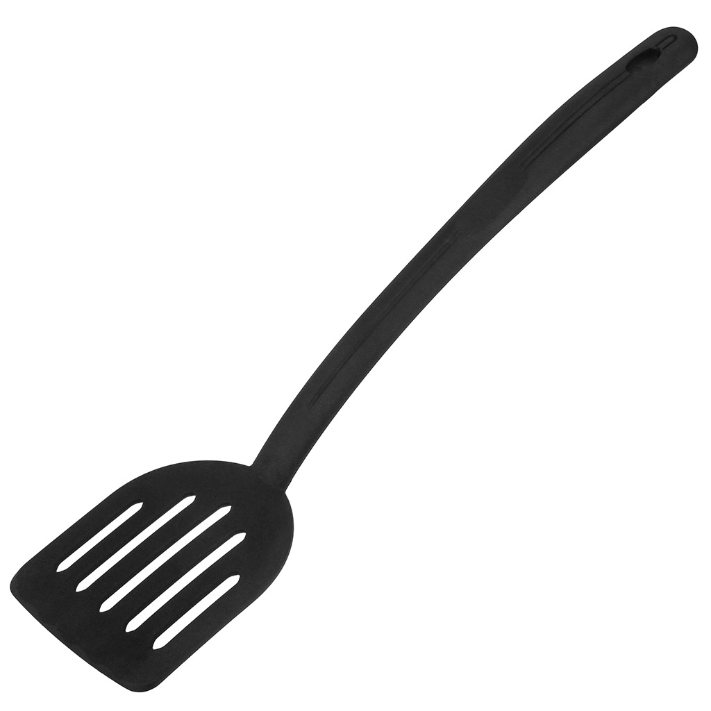 Лопатка кулинарная с прорезями пластмассовая для тефлоновой посуды 37,5х8,5см, цвет - черный (Китай) "Марка"