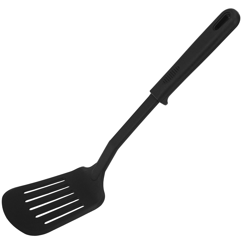 Лопатка кулинарная с прорезями пластмассовая для тефлоновой посуды 31х8см, цвет - черный (Китай) "Идея"
