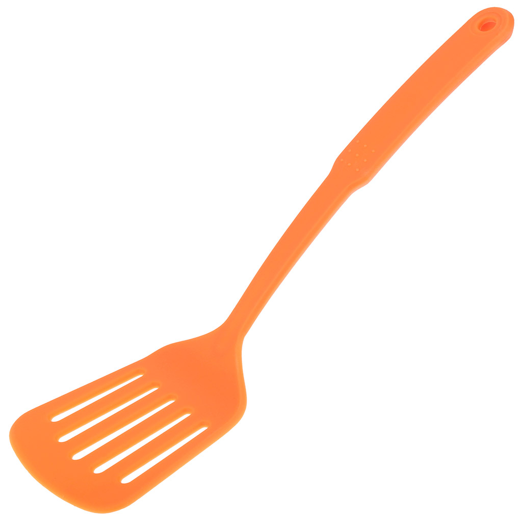 Лопатка кулинарная с прорезями пластмассовая для тефлоновой посуды 31,5х8,8см, цвет - оранжевый (Китай) "Гурман колор"