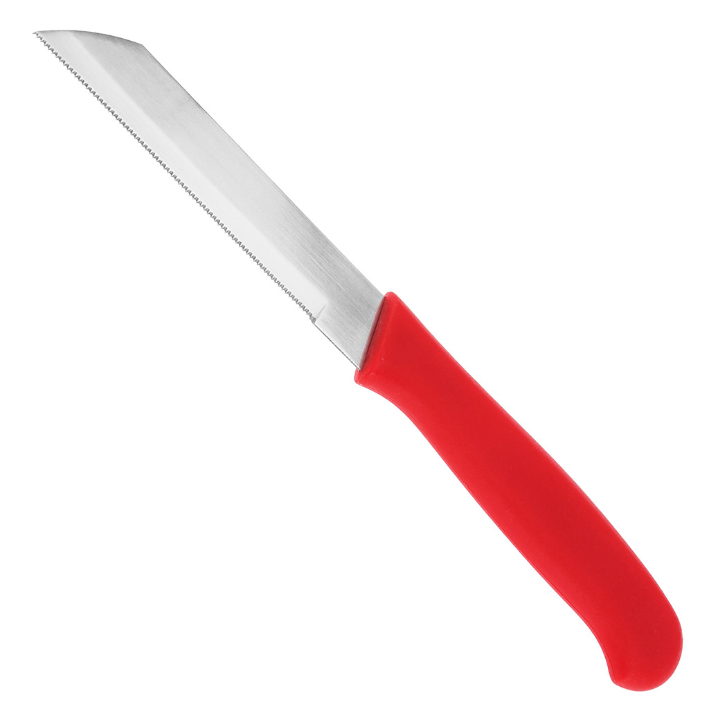 Нож для овощей 77мм, лезвие из нержавеющей стали, цветная пластмассовая ручка с отверстием в ассортименте: синий, красный, зеленый "Гамма" с зубчиками (Китай) Цена указана за штуку. В блистере 6 штук.