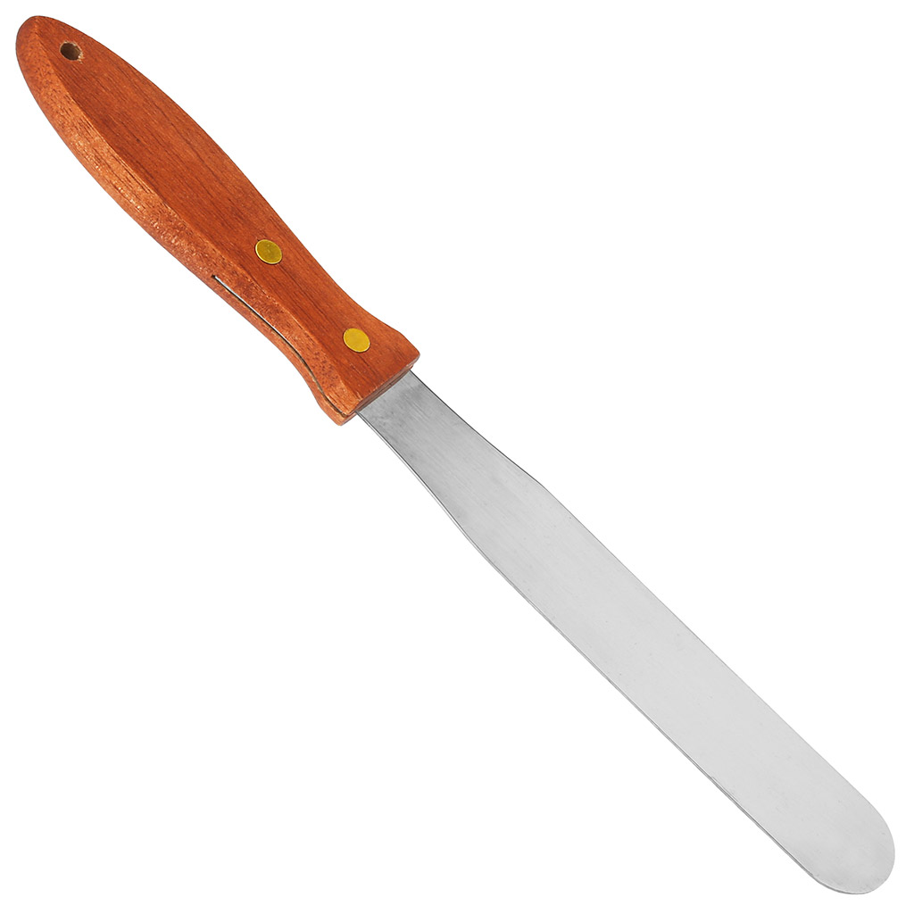 Нож кондитерский (лопатка для блинов) из нержавеющей стали 15,7см, деревянная ручка 11,8см, на картоне (Китай) "Махагон"
