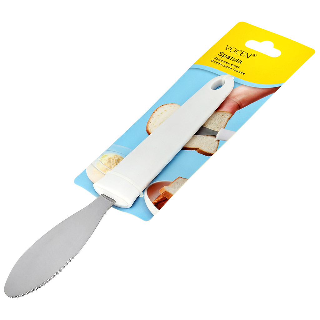 Нож для масла "Бельгия" из нержавеющей стали 23,8х3,4х1,3см, с зубчиками, пластмассовая ручка, цвет - белый, на картоне (Китай)