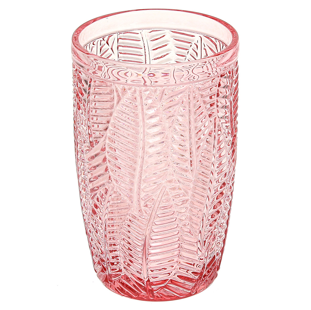 Стакан стеклянный "Листья" 380мл, д7,6см, h12,7см, рельефное, цветное стекло, цвет - розовый (Китай)