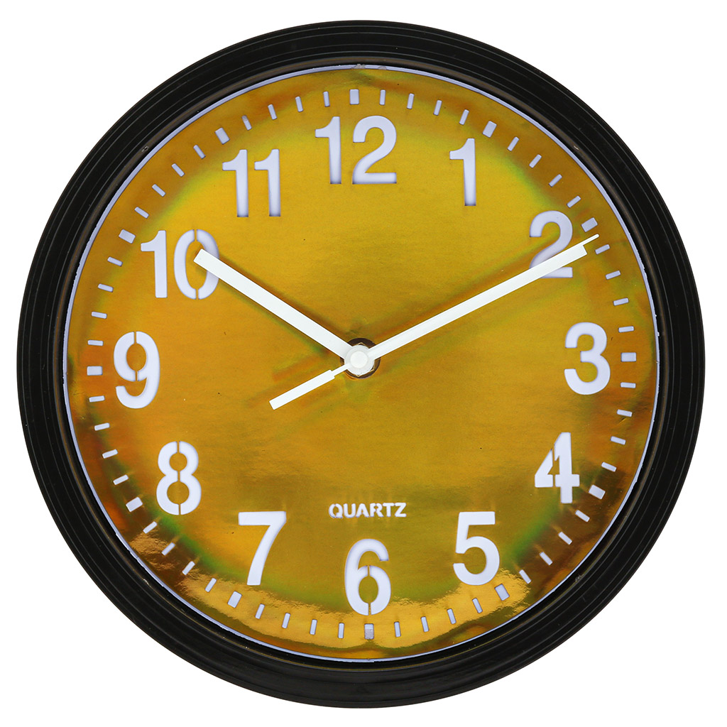 Часы настенные "Неон" д22,5х4,2см, мягкий ход, циферблат - золотая пленка, пластм. черный, в коробке (Китай)