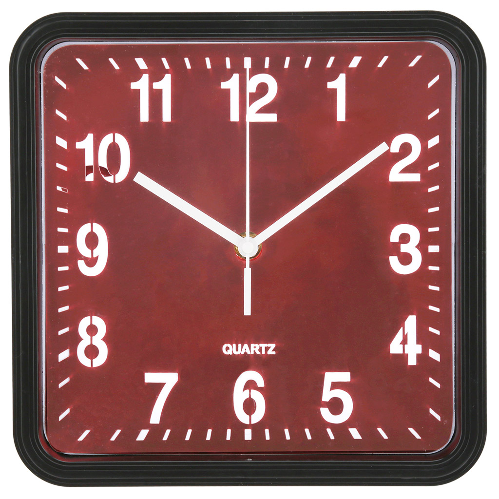 Часы настенные "Неон" 23х23х3,9см, мягкий ход, циферблат - бордовая пленка, пластм. черный, в коробке (Китай)